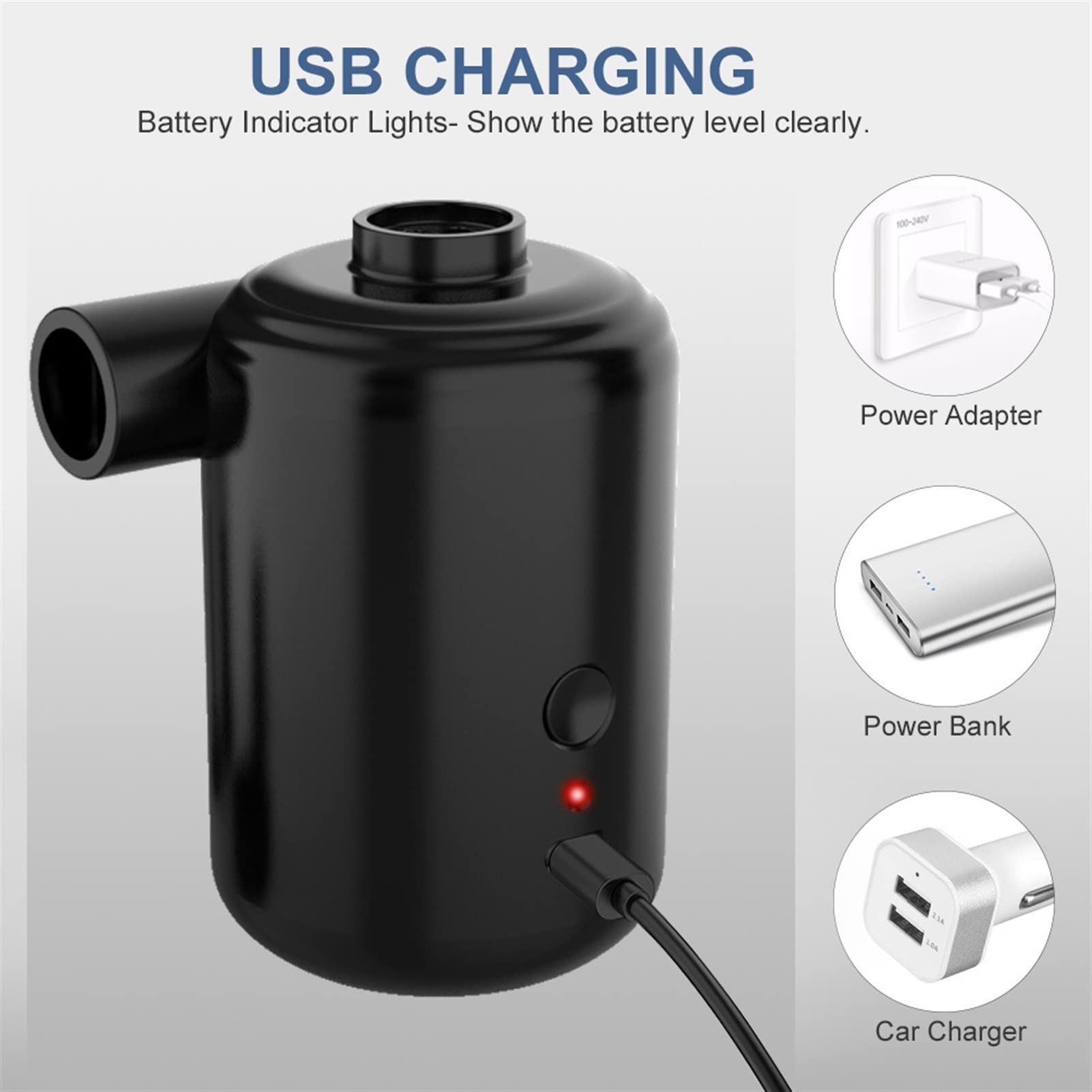 Pequeña bomba sumergible ajustable, almohada de aire inflable para acampar al aire libre, bomba de aire de alta potencia, bomba de aire inflable eléctrica USB portátil
