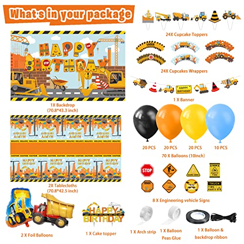 Construction Birthday Party Supplies, 136 Pcs Dump Truck Party Decorations For Boys Baby - Backdrop, Banner, Cake, And Cupcake Toppers, Balloons, Cupcakes Wrappers, Party Traffic Signs, Tablecloth #TOP1