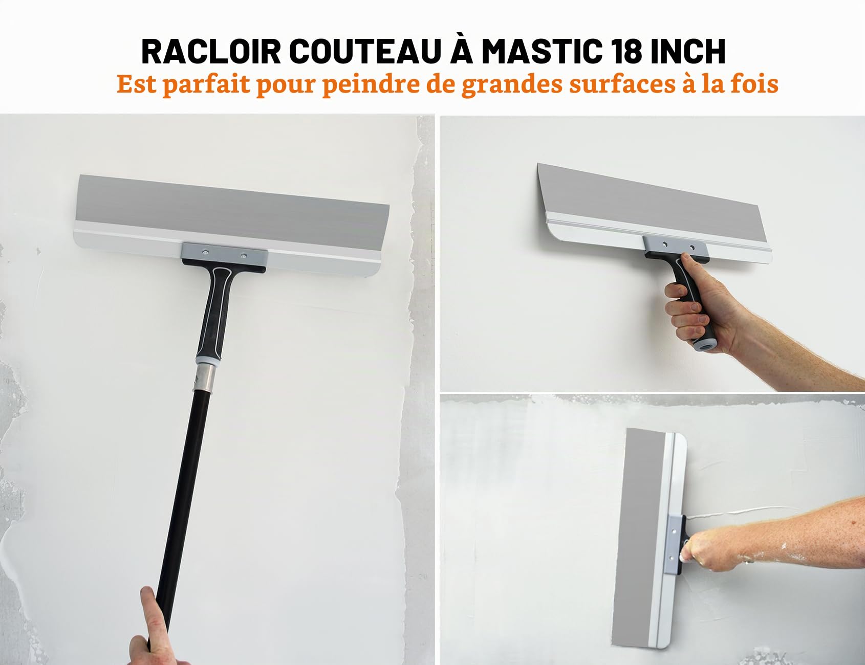 ROLLINGDOG Spatule de surface de 450 mm – Spatule large pour cloison sèche, idéale pour le masquage et le lissage, lame en acier inoxydable, poignée en caoutchouc confortable