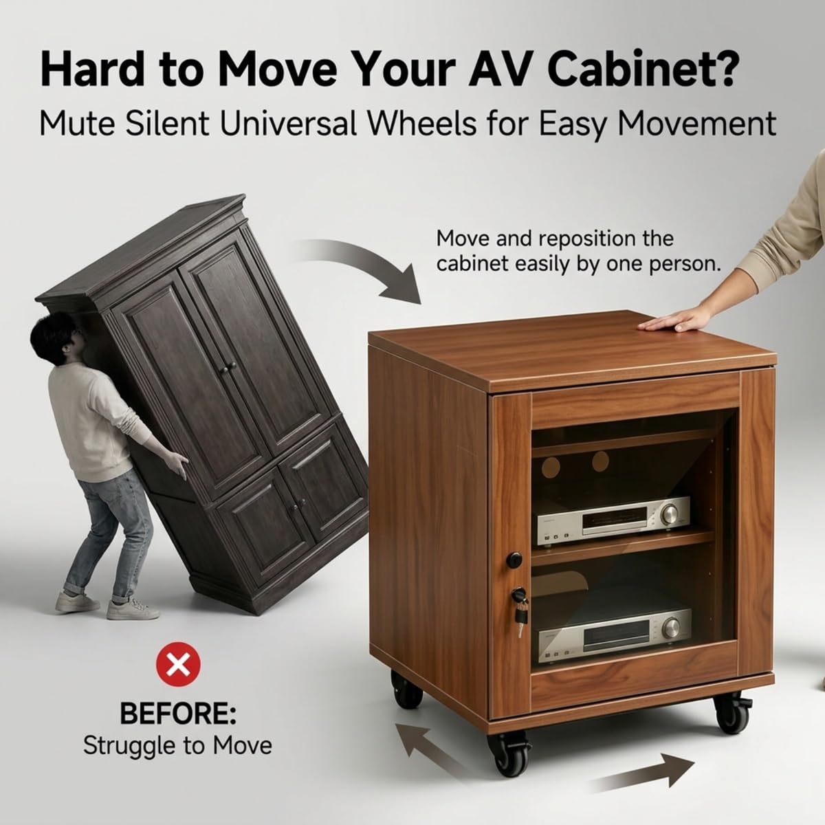Meuble stéréo avec porte vitrée,étagères ajustables pour support rack audio