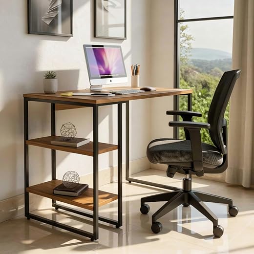 Mesa Escrivaninha Estilo Industrial com Prateleiras 100x50cm Escritório Moderno 100% MDF Premium Freijó e Aço Cor Preto