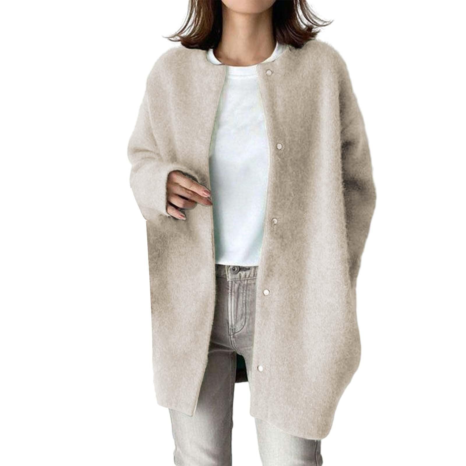 Cardigan for Women Womens Korean Wool Coat Slim Trench Long Coat Fall Winter Elegant Round Neck Over Size