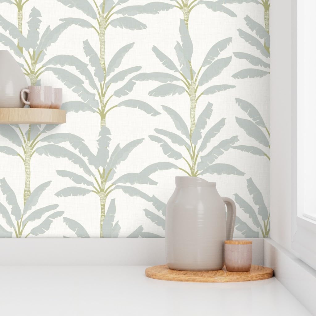 Peel & Stick Wallpaper 3ft x 2ft - Modern Coastal Pastel Mint Palms Large Green Nature Beach Custom Removable Wallpaper by Spoonflower