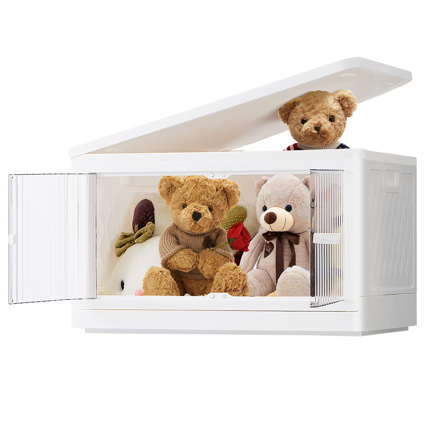 Stackable Storage Bins with Lids Set 1 Pack,19 Gal Clear Plastic Folding Storage Box with Wheel,Large Foldable Collapsible Bin with doors for Dormroom Clothes,White