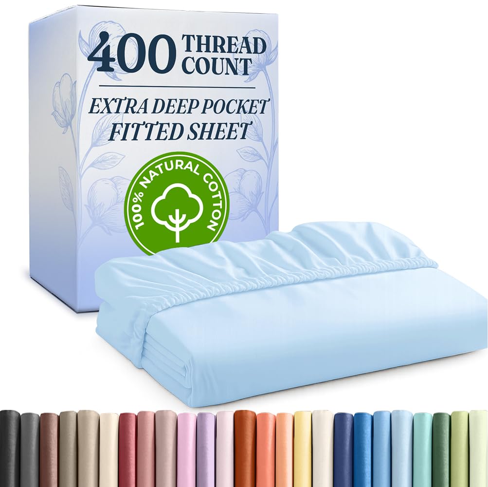 full 400 thread count cotton fitted sheet - hotel quality 100% cotton - soft & wrinkle free - deep pockets - fits mattress perfectly with no pop-off elastic - one fitted bottom sheet only - light blue