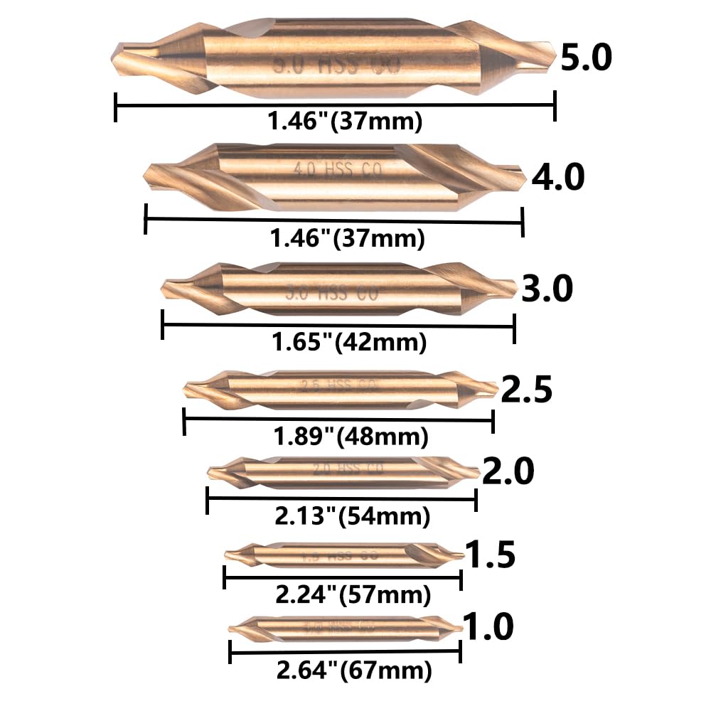 Juego de 7 brocas centrales de cobalto, M35 de acero de alta velocidad de 60 grados, kit de brocas centrales de ángulo de 60 grados, herramientas avellanadas para torno de metal tamaño