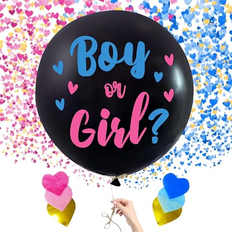5Pc Premium Jumbo 36 Inch Baby Gender Reveal Balloon Kit | Big Black Balloons with Pink and Blue Heart Shape Confetti | Baby Shower Party Supplies Pack, Gender Reveal Decorations for Boy or Girl Cover