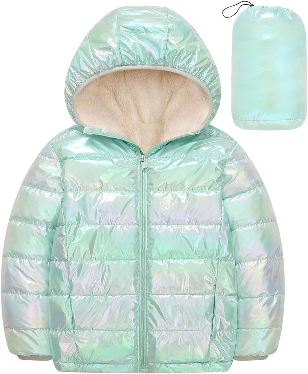 Lovekider 4-12 Years Girls Metallic Shine Hooded Puffer Jacket Packable Warmth Padded Winter Coat
