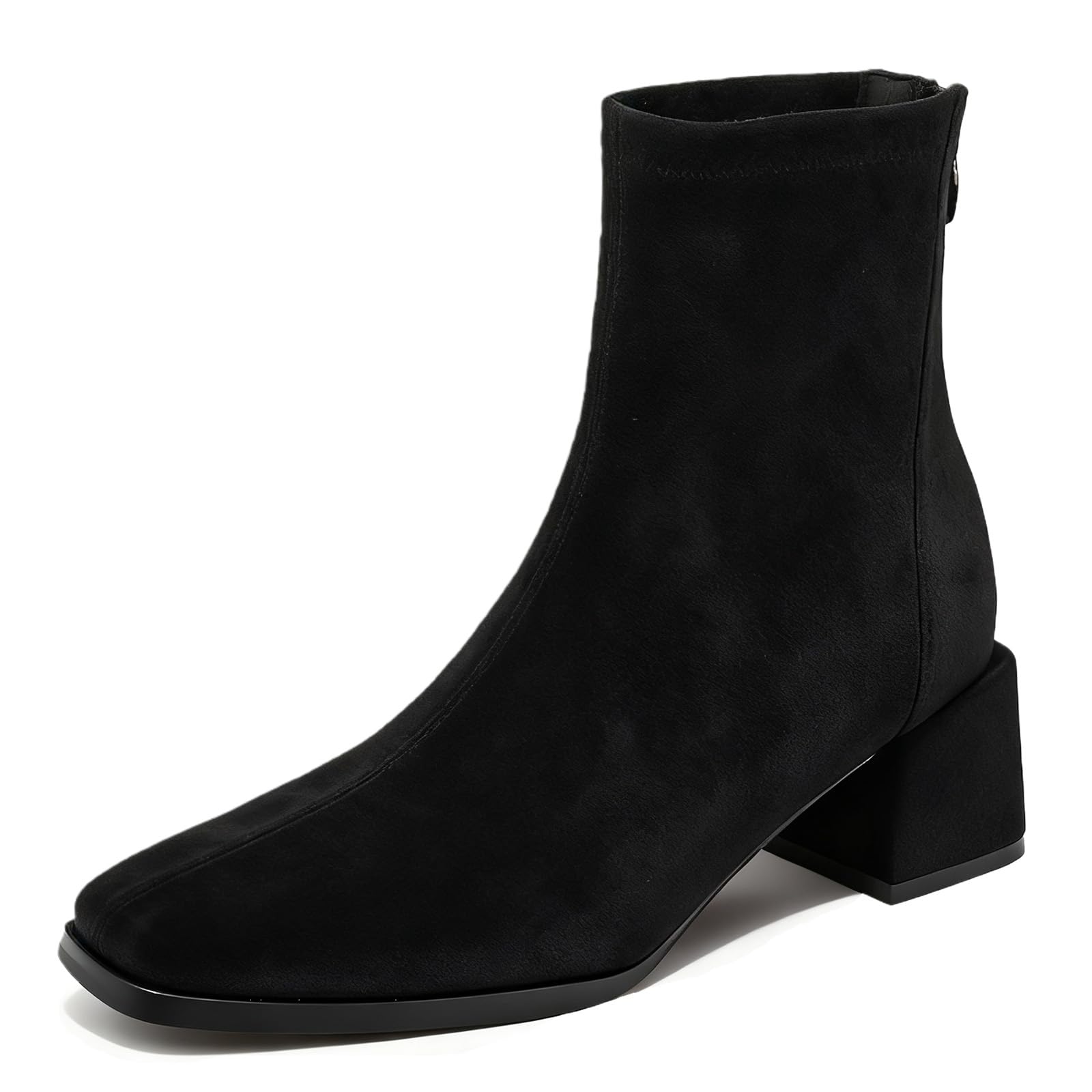 Suede Ankle Boots for Womens Square Toe Chunky Heel V Cutout Short Boots Back Zipper Comfortable Non Slip