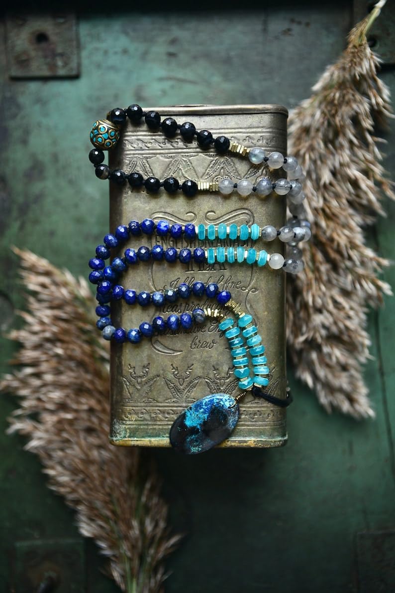 Naturalny amazonit, labradoryt, czarny agat, 8 mm, 108 koralików mala, duchowe, koraliki medytacyjne, Reiki, Japa Mala, buddyjskie koraliki modlitewne, bransoletka do jogi, koraliki lecznicze
