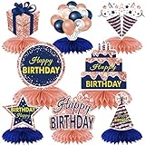 Lnlofen Rose Gold Navy Blue Happy Birthday Decorations Table Honeycomb Centerpieces, 8Pcs Happy Birthday Table Party Supplies for Women Girls, 16th 21st 30th 40th 50th 60th Bday Table Topper Decor