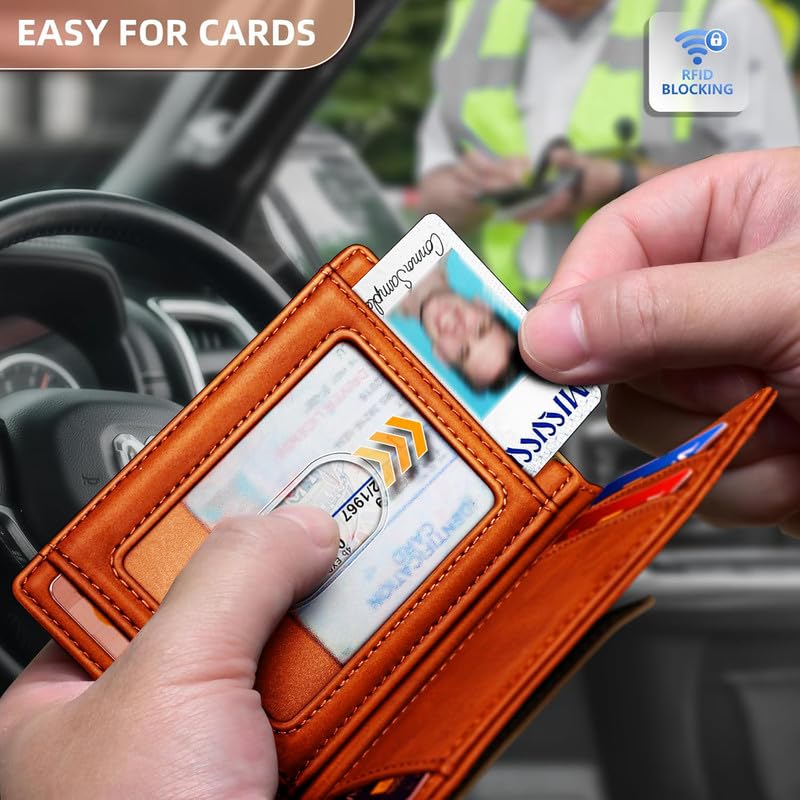 Image of Contacts RFID Blocking Magnetic Closure Slim Genuine Leather Front Pocket Wallet for Men Holds up to 12 Cards Including 1 ID Window Along with Money Clip (Tan)