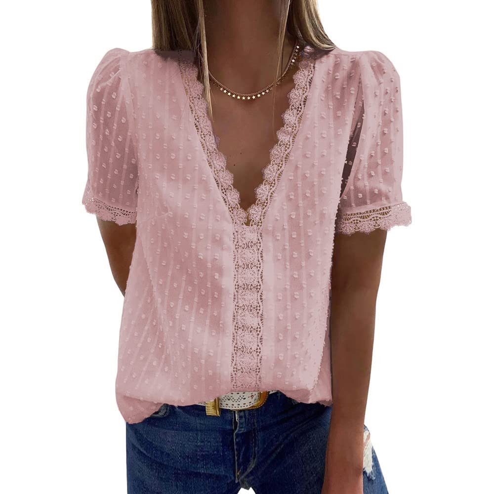 Bipily Camiseta para Mujer Blusa de Encaje con Cuello en V de Gasa Manga Corta Elegante y Básica Color Sólido Tops