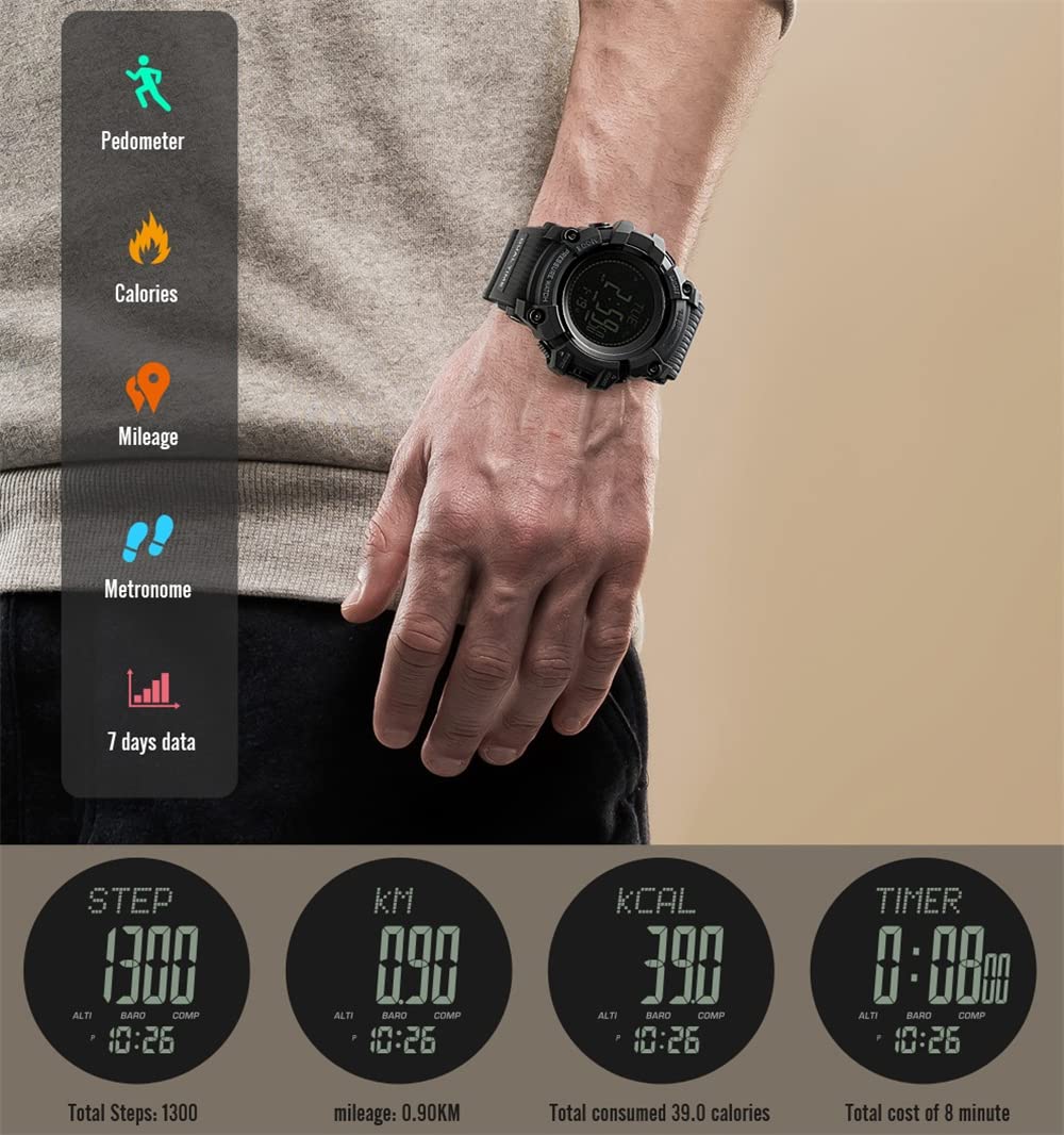 Boussole Montres Bracelet de Homme Outdoor Militaires Sport Digital Multifonctionnel Plastique Montre et Caoutchouc Ruban Podomètre Altimètre Baromètre Thermomètre, Noir