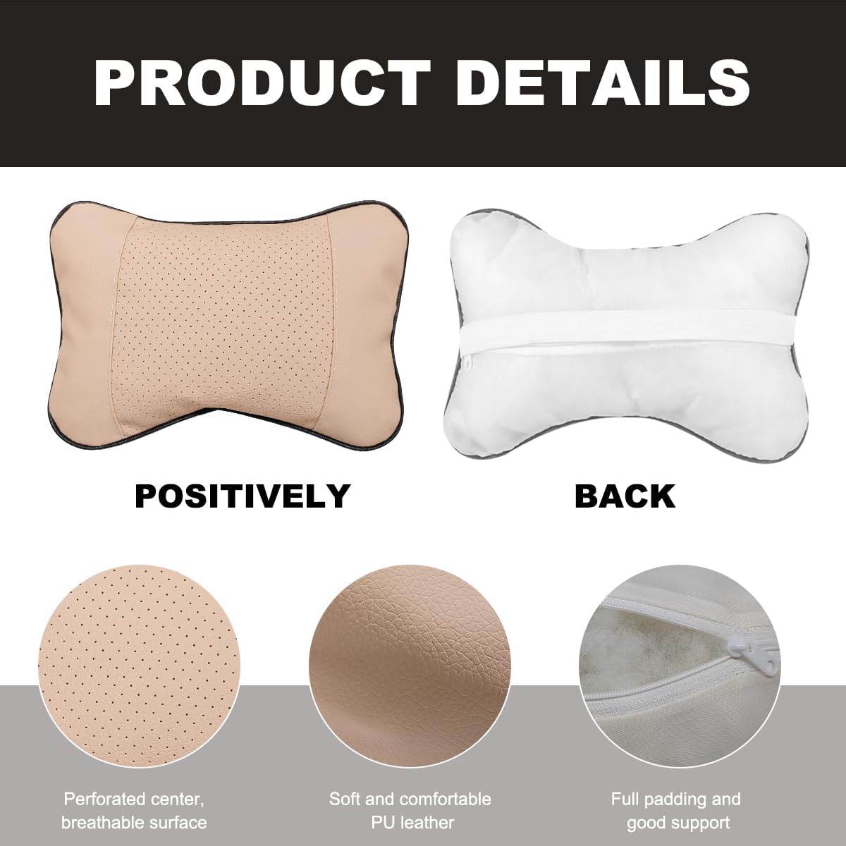 DXNQ 2PCS Car Neck Pillow, Soft Leather Headrest Pillow for Car Support Neck, Breathable Ergonomic Neck Support Relief Cushion for Driving with Adjustable Strap, Universal Car Accessories (Beige) image 3