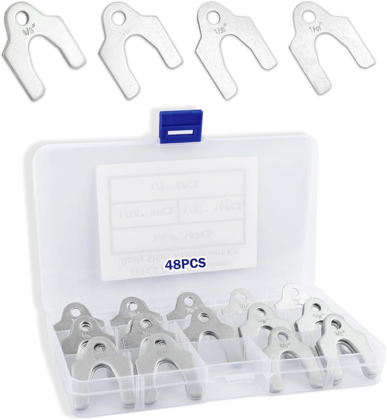 U-Shaped Metal Shims 48PCS Kit,1/16" 1/64" 1/32" 1/8" Body Shims with Case,Metal Alignment Shim for Automotive Door Hood Bumper Panel Gap Repair Camber Adjustment and Frame Leveling