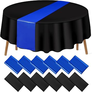 12Pack 12x108 Inch Satin Table Runner and 84 Inch Round Plastic Tablecloths Set Black and Blue Disposable Round Table Cover for Graduation Wedding Bridal Shower Anniversary Birthday Party Decorations