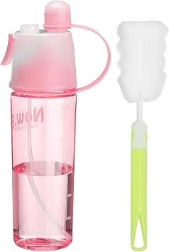 sourcing map Misting Water Bottle 20 oz Leakproof Lightweight 2 in 1 Mist & Sip Sports Water Bottle with Clearing Brush for Sport Gym Camping Travel Cold Drink, Pink