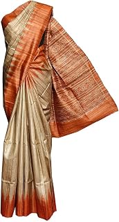 RACHBAI Women TUSSAR GHICHA SAMBALPURI PRINT PURE SILK SAREE WITH UNSTICH BLOUSE & SILK MARK TAG, Multicolor Price In India