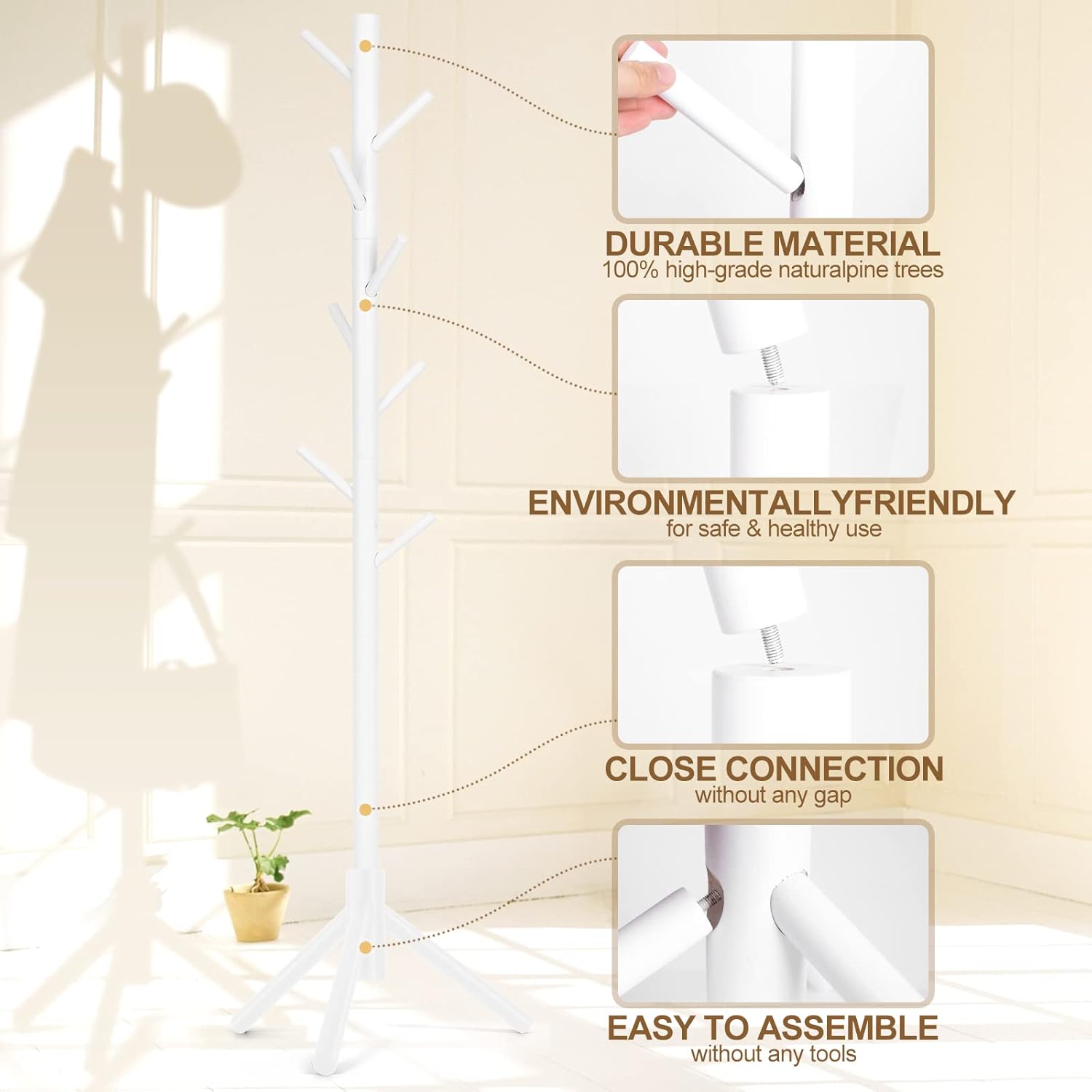 Solid Wooden Coat Rack Freestanding, New Zealand Pine Coat Tree with 8 Hooks & 3 Adjustable Sizes for Coats, Hats, Handbags and Scarves, Space Saving for Entryway/Office/Bedroom (White) White 1 PC
