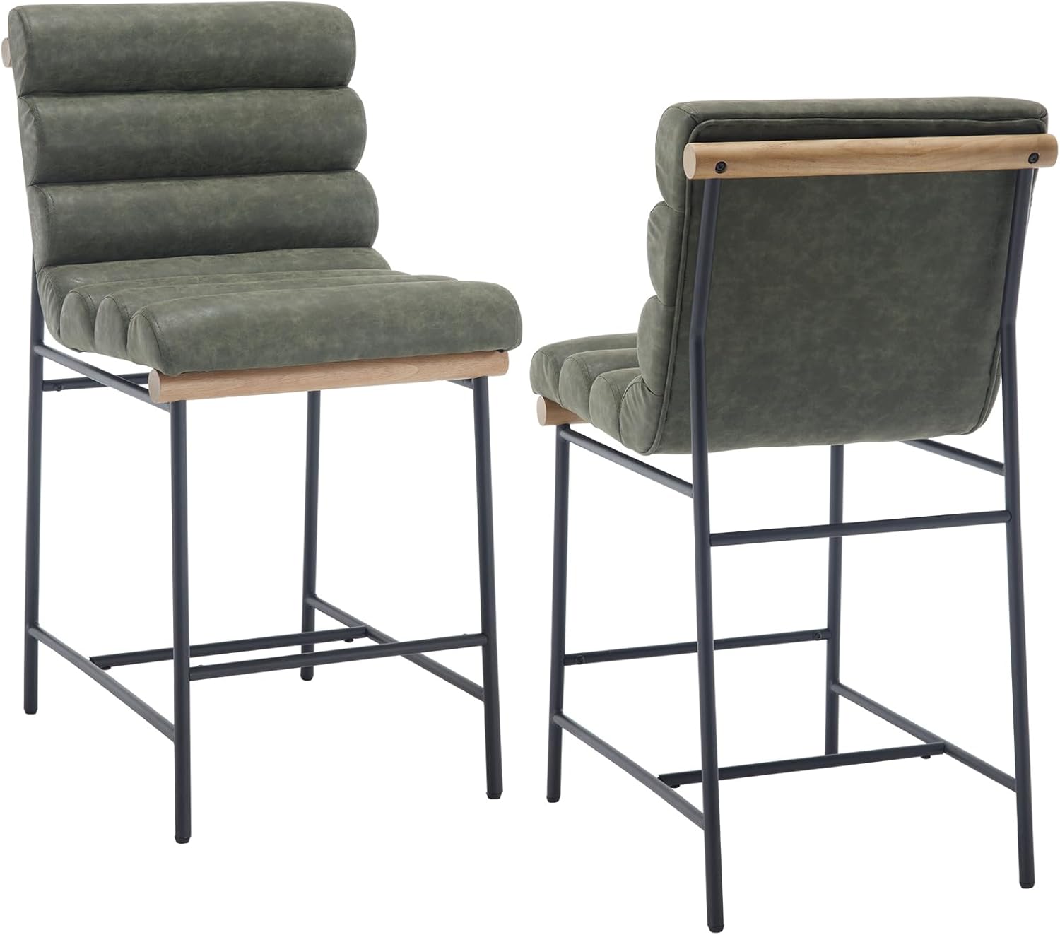 25''H Counter Height Barstools, Modern Pu Counter Stools with Channel Tufted Back, Black Metal Frames, Faux Leather Upholstered Bar Chairs for Kitchen Island, Set of 2, Green