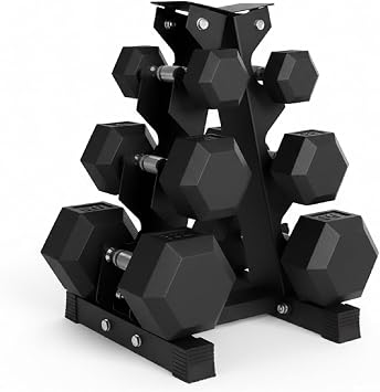 FK Sports Hex Dumbbell Set with 3-Tier Storage Rack, Rubber Coated Cast Iron Weights, Home Gym Free Weight Set for Strength Training, Anti-Roll Hex Design, Available in 2.5-15KG Sets