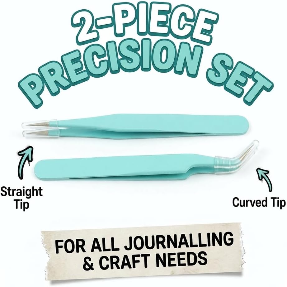 2PCS Straight & Curved Sticker Tweezers for Crafting, Journaling | Stainless Steel, Precision Pick-Up, Bedazzling, Scrapbook Supplies, for Planner, Card Making, Vinyl, DIY Crafts, Lashes