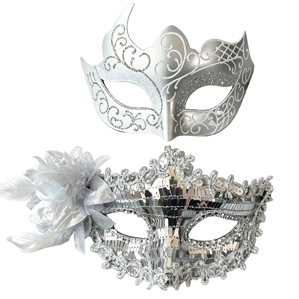 HATFRYF Couple Masquerade Masks, Feather Lace Venetian Party Mask, Halloween Costume Carnival Mask for Couples Women and Men - 2pcs/White — image 1