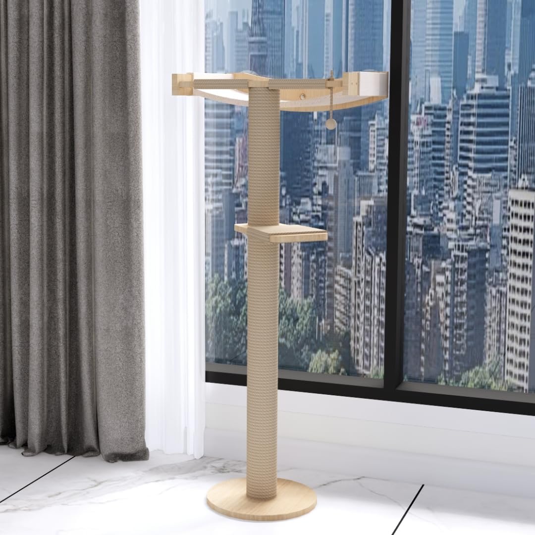 Cat Window Perch with Scratching Post Strong Supported - Large Hammock Bed for Cats Inside - Solid Wood Seat, Soft Cushion - Rustic Indoor Cat Tree Shelf for Sunbathing (Natural, Large 2)