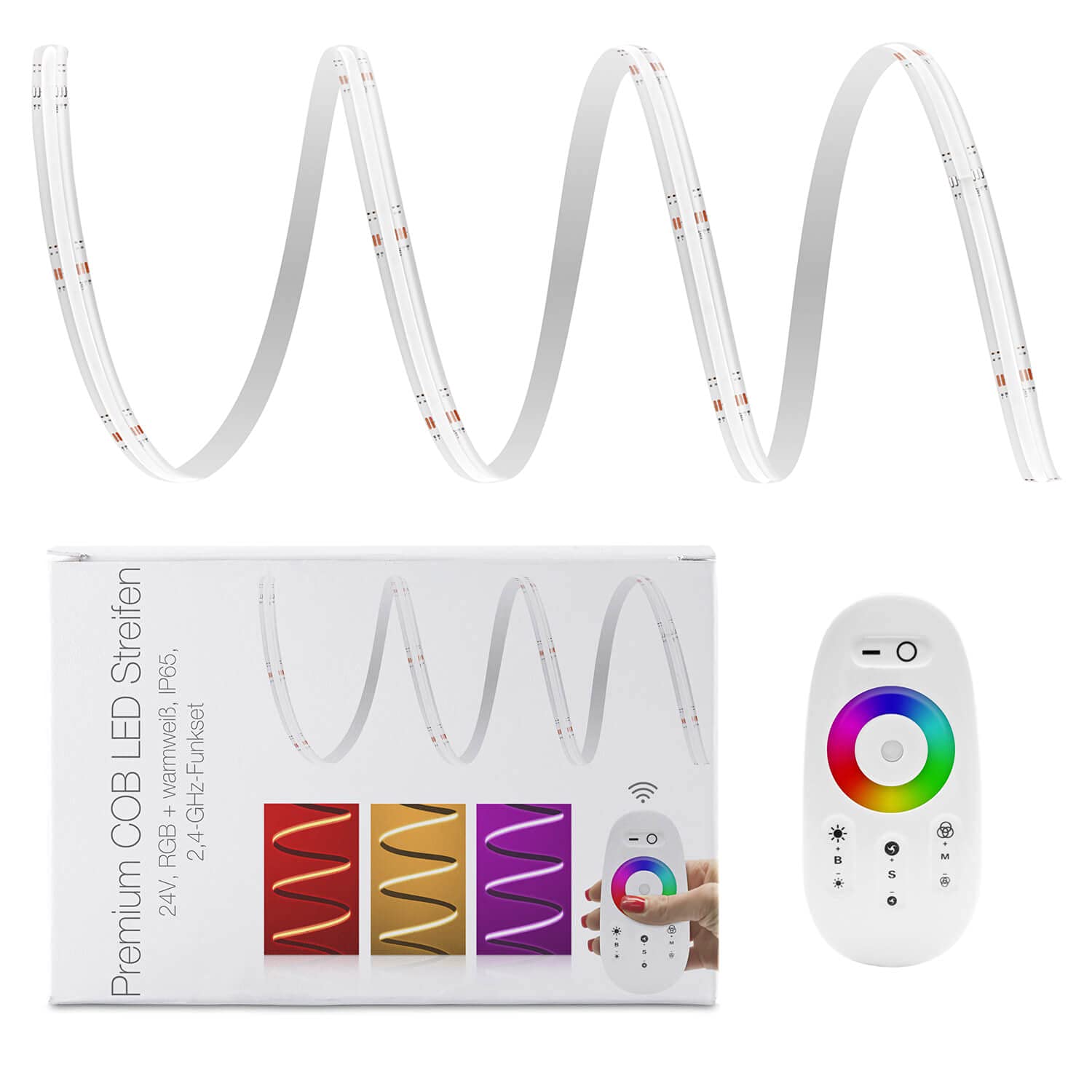 LED Universum Juego de tiras LED COB RGB-W con mando a distancia blanco, controlador y fuente de alimentación, filamento premium, 24 V, tiras LED IP65 RGB-WW, multicolor (4 metros)