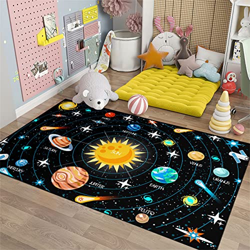 Universe Planet Area Rugs Outer Space Rugs for Boys Bedroom Educational Sofa Floor Mat Galaxy Solar System Theme Throw Rugs for Indoor Outdoor Carpets Crystal Polyester Mats Oversized, 4'5''×6'