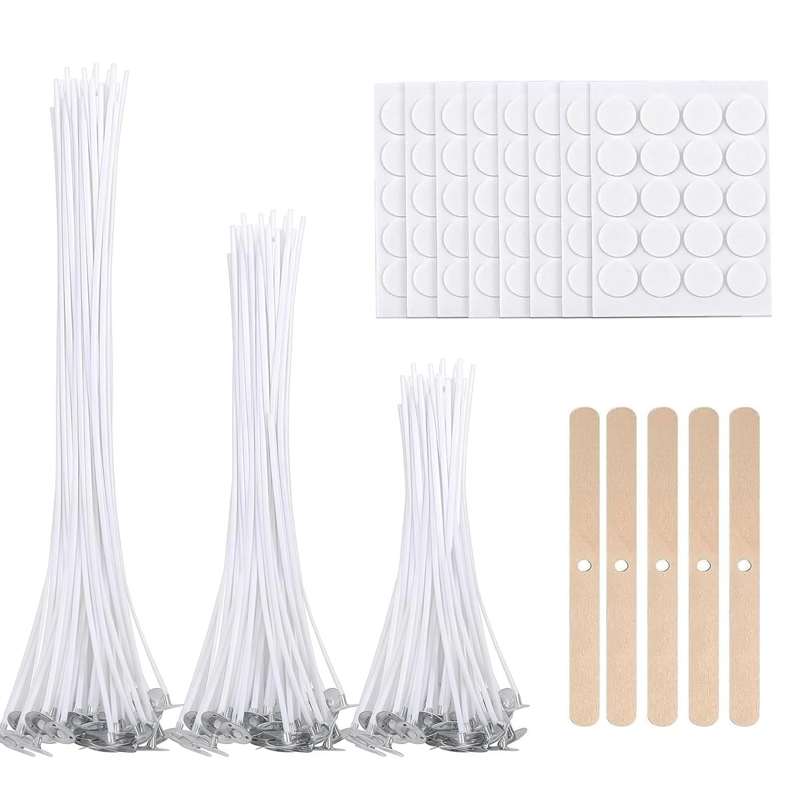 Bomxmon White Candle Wicks For Making Candles, 150 Pcs Candle Wick(4In, 6In, 8In) With, 5Pcs Candle Wicks Holders And 150Pcs Glue Stickers, Candle Making Kit For Diy Candle Crafts