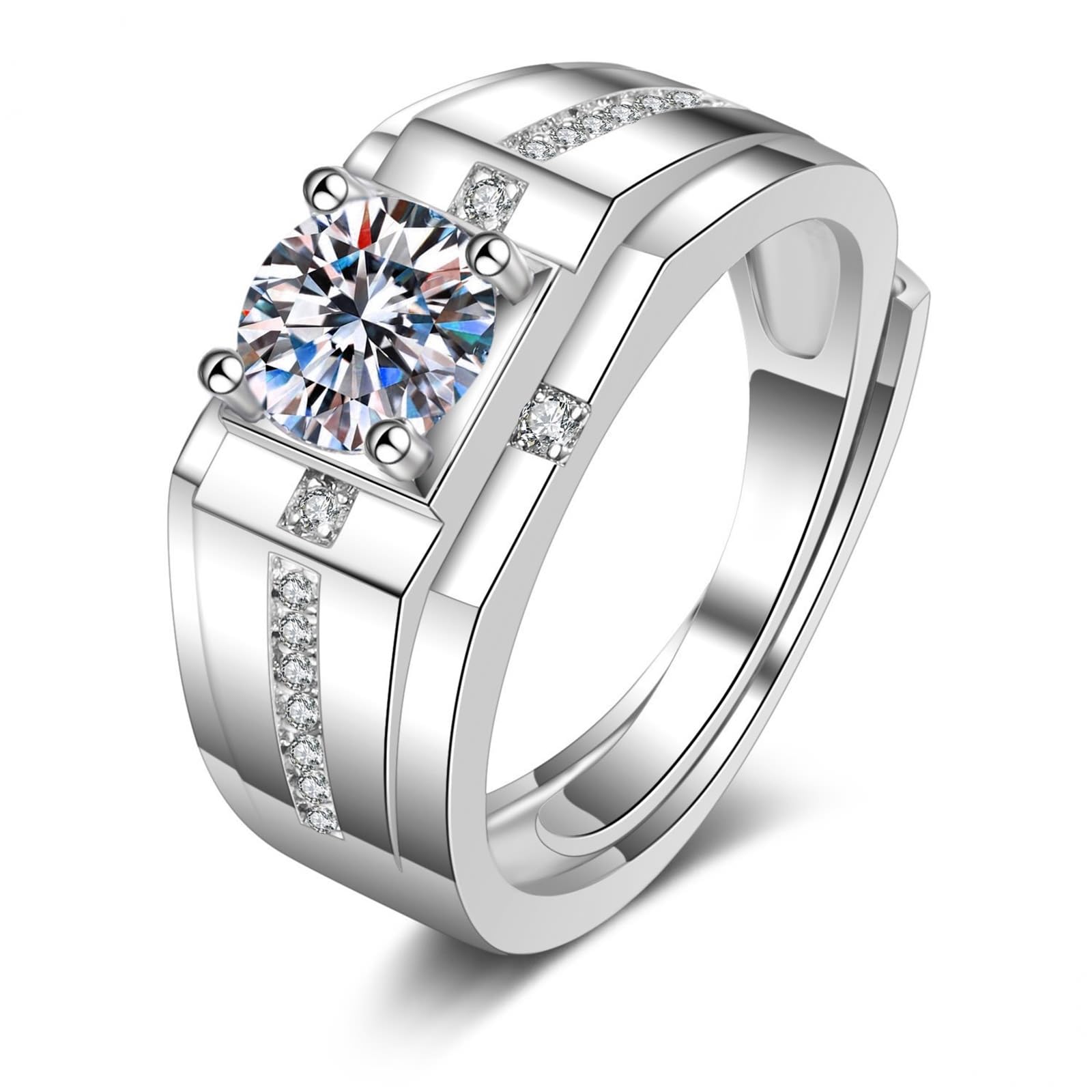 Anillo de oro blanco de 9 quilates para hombre, anillo de moissanita para hombre