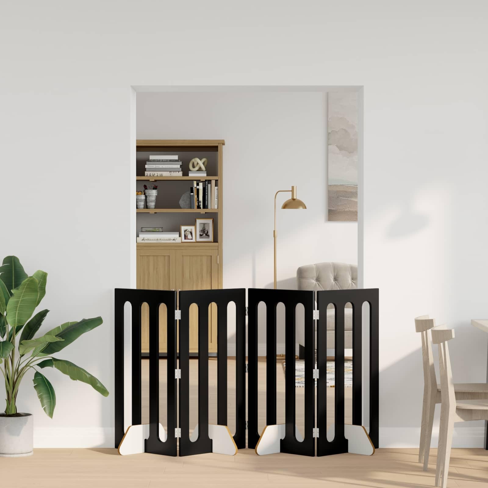Recinzione pieghevole per animali domestici in legno di rovere nero, 201 x 38 x 90 cm, 4 pezzi, con pannelli pieghevoli flessibili per interni, barriera sicura e uso flessibile
