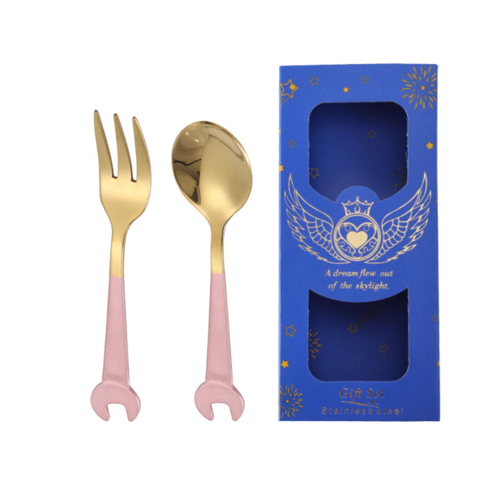 jiingekk Stainless Steel Wrench Shaped Spoon and Fork Set Multipurpose Kitchen Utensils for Dessert Coffee Stirring Stainless Steel Spoon Fork Set
