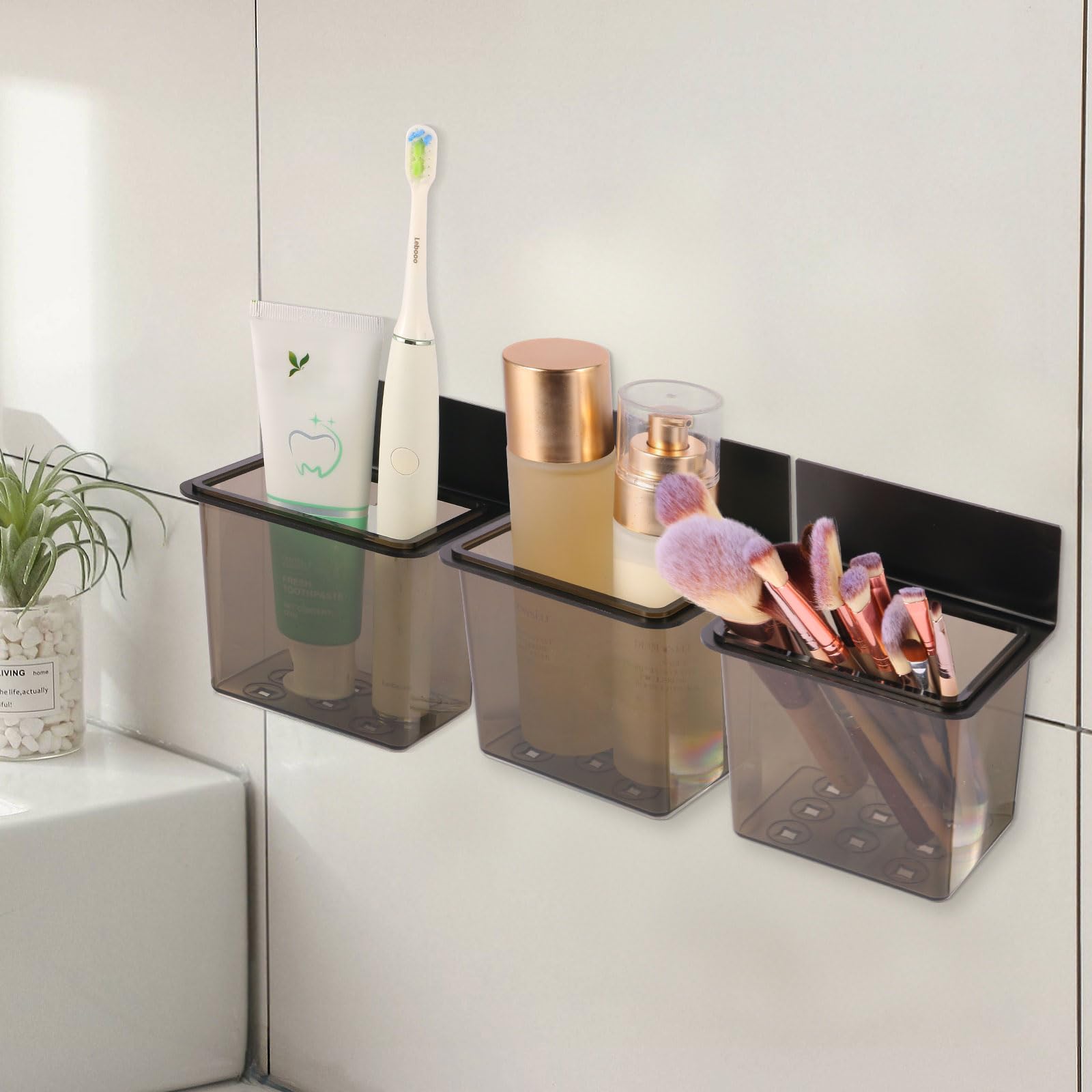 Sounxun Modern Black Clear Plastic Toothbrush Holders,Toothpaste Holder Set - Kids & Adults with Wall-Mounted Metal Bathroom Organizer Set for Bathroom - Set of 3 Pack