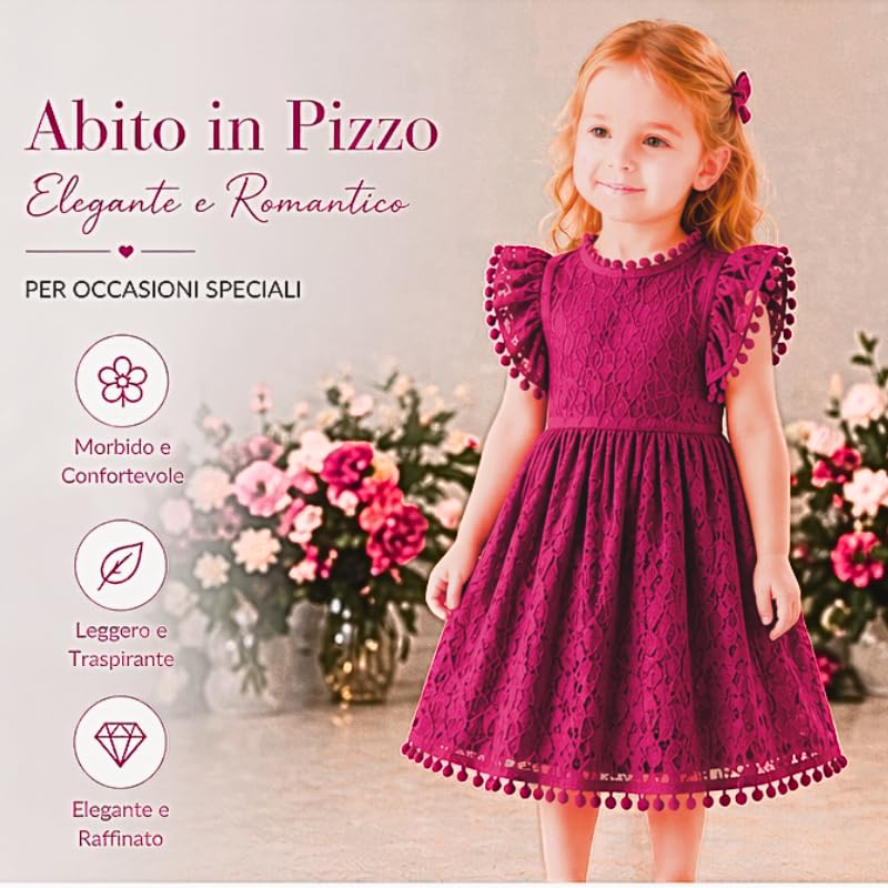 OrJana Mädchenkleid aus Spitze mit Rüschenärmeln und Pompon-Details