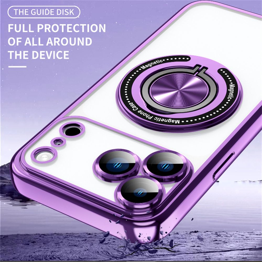 360° magnetisch drehbare Metall-Autohalterung mit Ringbeschichtung, Handyhülle für iPhone 17 16 15 14 13 12 Pro Max 17 Air 16 15 14 Plus, kabellose Ladefunktion, stoßfeste Hülle, Pink, für iPhone