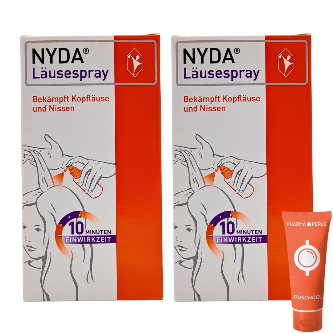 NYDA Läusespray gegen Kopfläuse und Nissen, 10 Minuten Einwirkzeit, inklusive Läusekamm, für Babys, Schwangere und Stillende I Sparset mit Duschgel von Pharma Perle (2 x 50 ml)