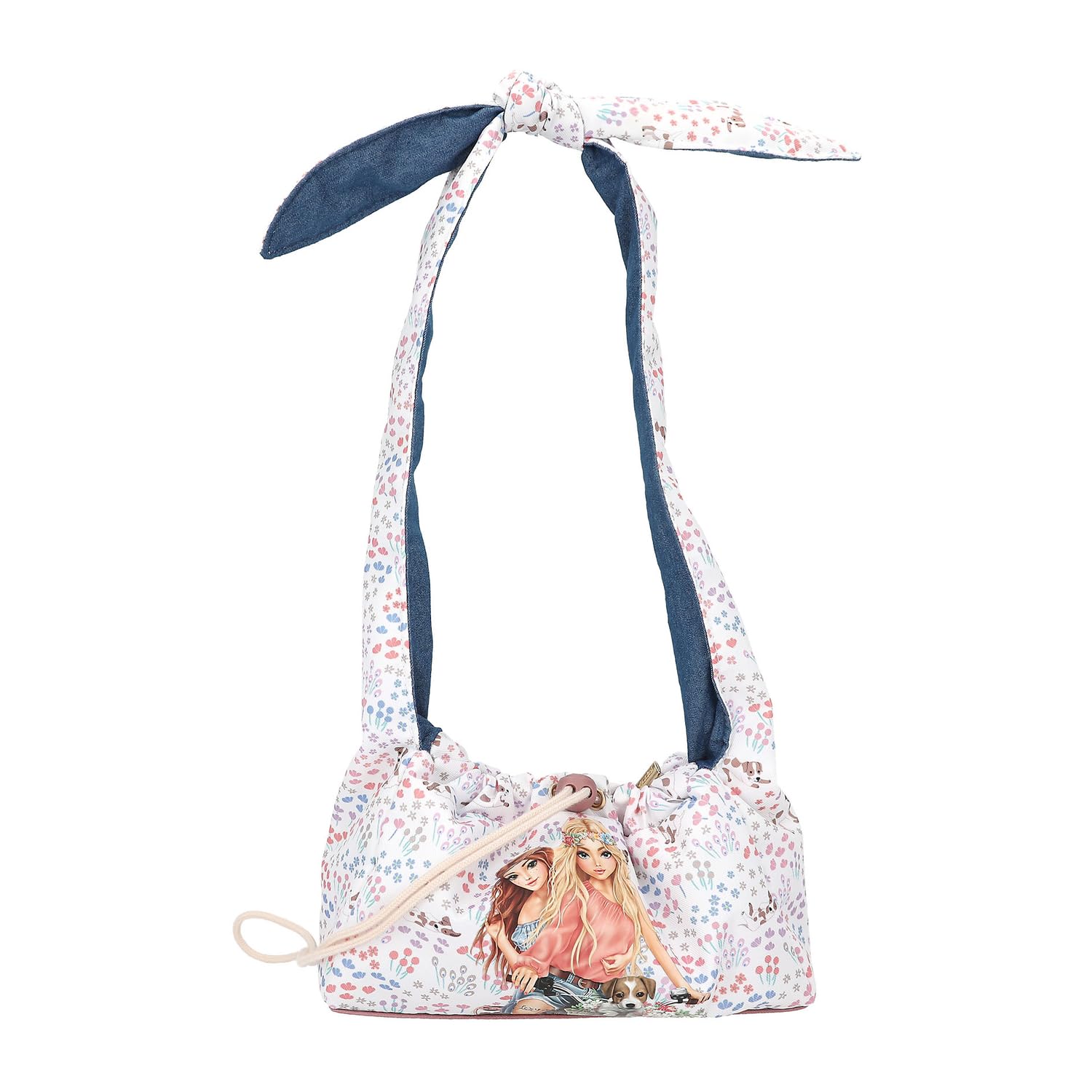 Depesche 12926 TOPModel Velo Fleur - Umhängetasche in Weiß und Blau, mit Model Motiv und Blumen Muster, Handtasche mit Knotendetail
