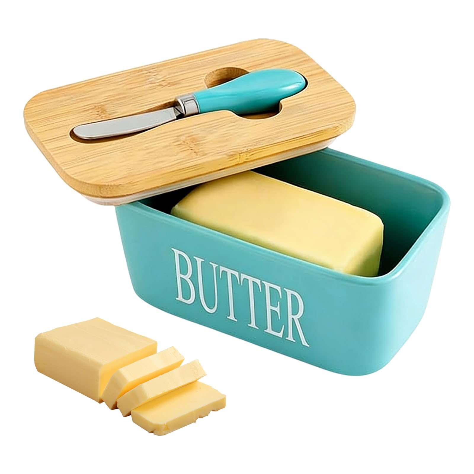 Butter Dish with Lid, Ceramic Butter Dish with Bamboo Lid & Stainless Steel Knife Airtight Butter Keeper for Counter or Fridge, Double Silicone Seal, 350 ML (Green)