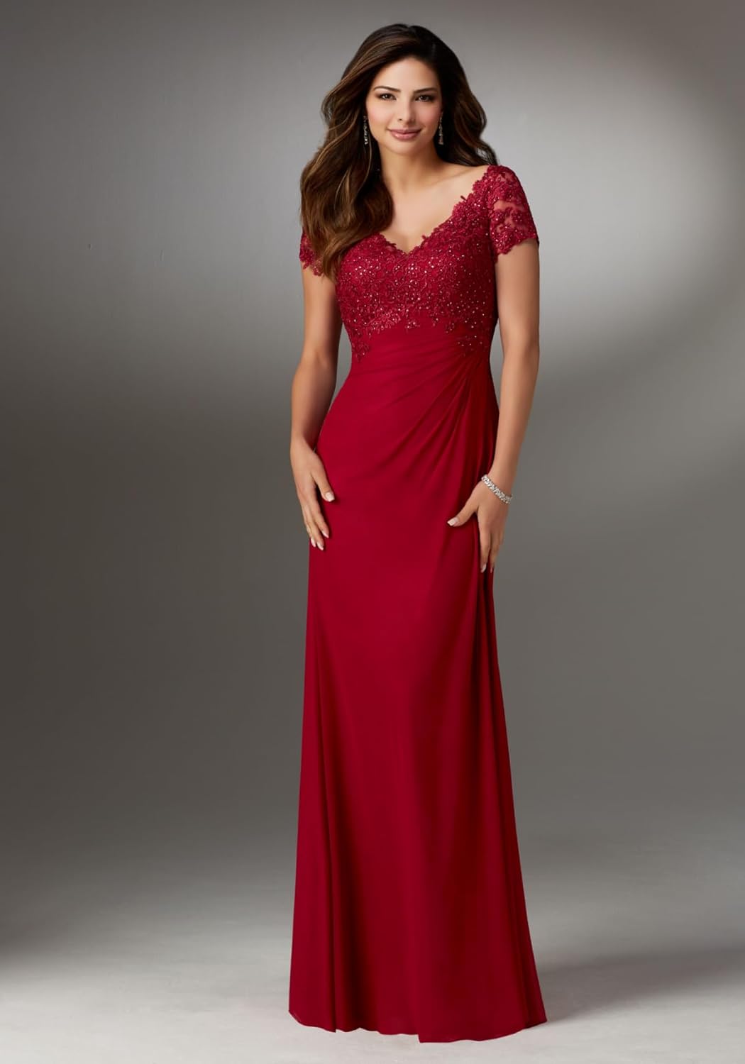 Mother of The Bride Dresses Long Laces V-Neck Cap Sleeve Pleated Formal Gowns ZMX02