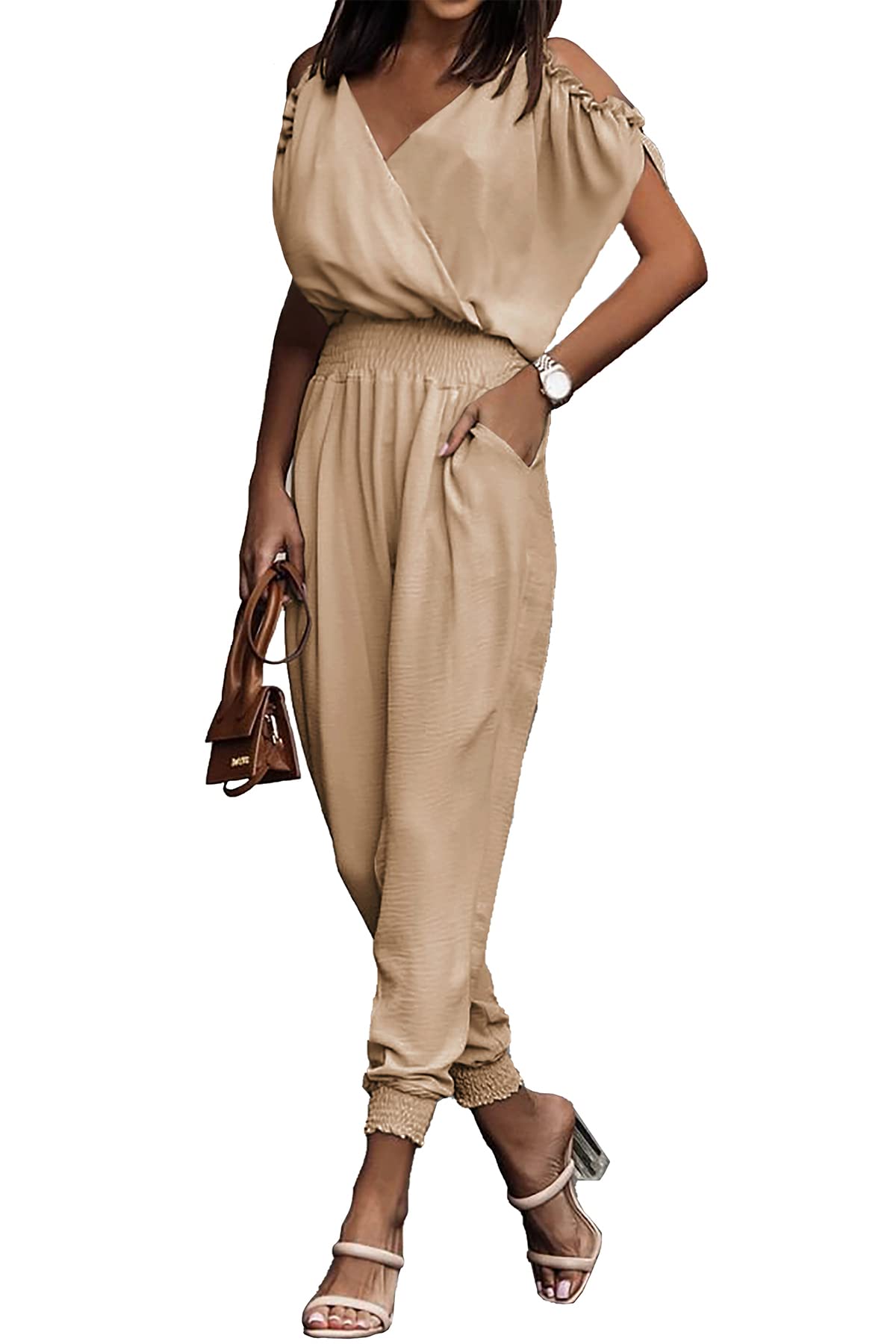 PRETTYGARDEN Jumpsuit for Women Casual Summer Wrap V Neck Cold Shoulder One Piece Outfits Pants Romper (Khaki,Small), PR304