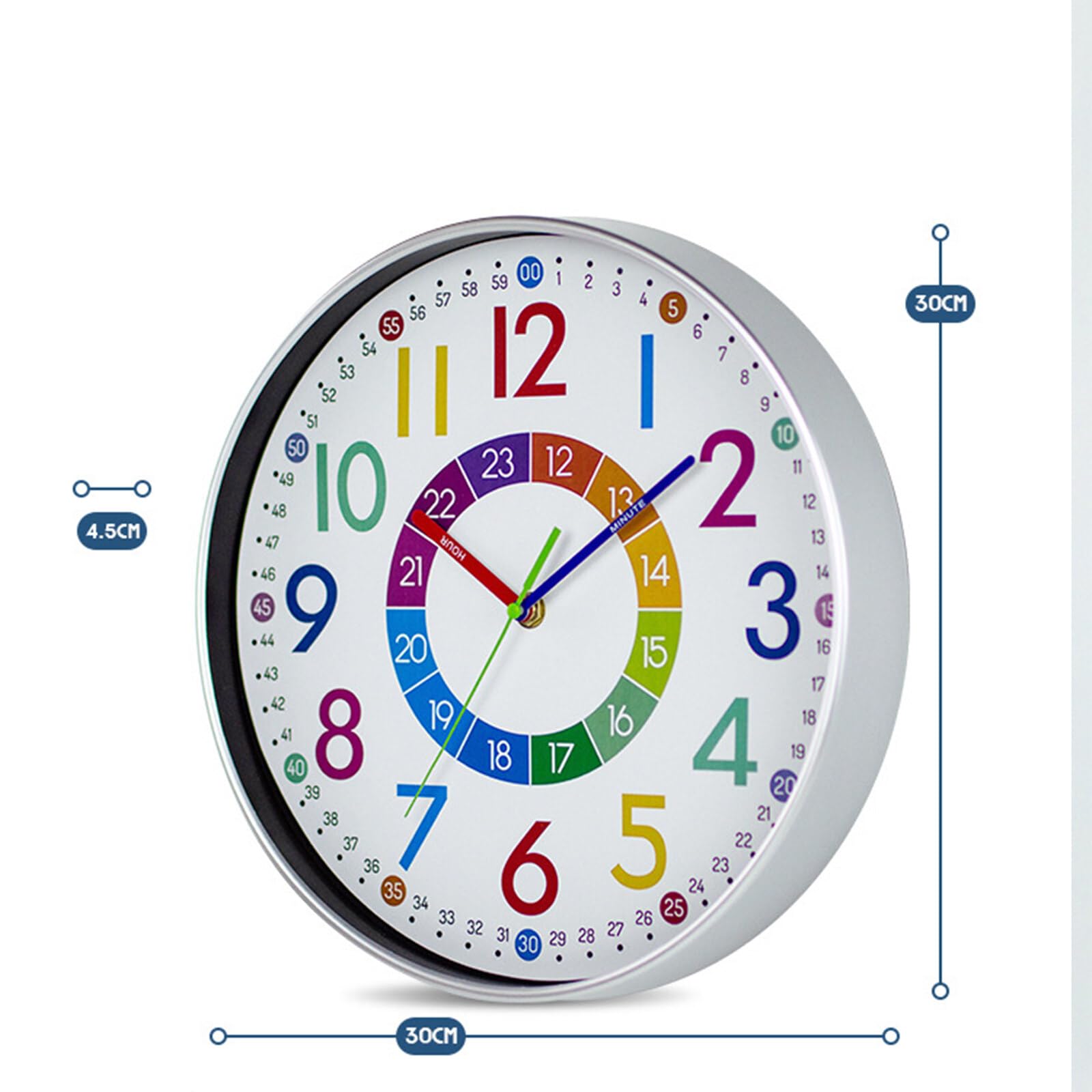 NCONCO Kids Wall Clock, Colorful Learn To Tell The Time Wall Clock, Silent Analogue Educational Time Teaching Wall Clock, 12 inch Decorative Wall Clock for Classroom,Bedroom,Living Room,Nursery - Image 2