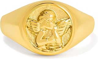 Gold Chunky Signet Stackable Pinky Ring for Women Men, Guardian Angel Ch...