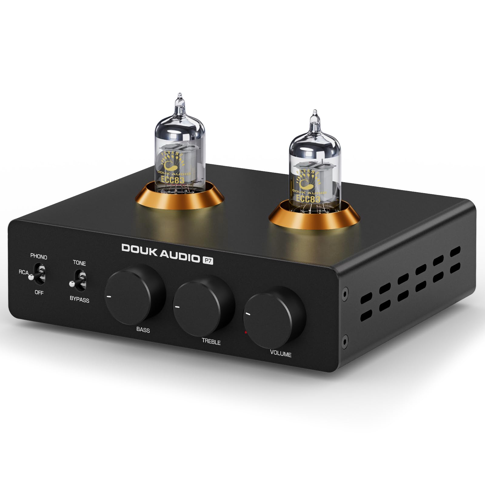 Douk Audio P7 Phono Preamplificador: ECC83 Preamplificador de tocadiscos de tubo con salida XLR equilibrada, filtro de paso alto, control de graves y agudos, bypass para reproductor de discos MM