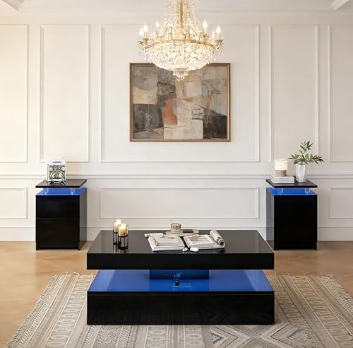 Miniatura 18 de Juego de Mesa Moderna de 4 Piezas para Sala de Estar, Incluye Soporte de TV para Chimenea de Alto Brillo de 70", Mesa de Centro LED y Juego de 2