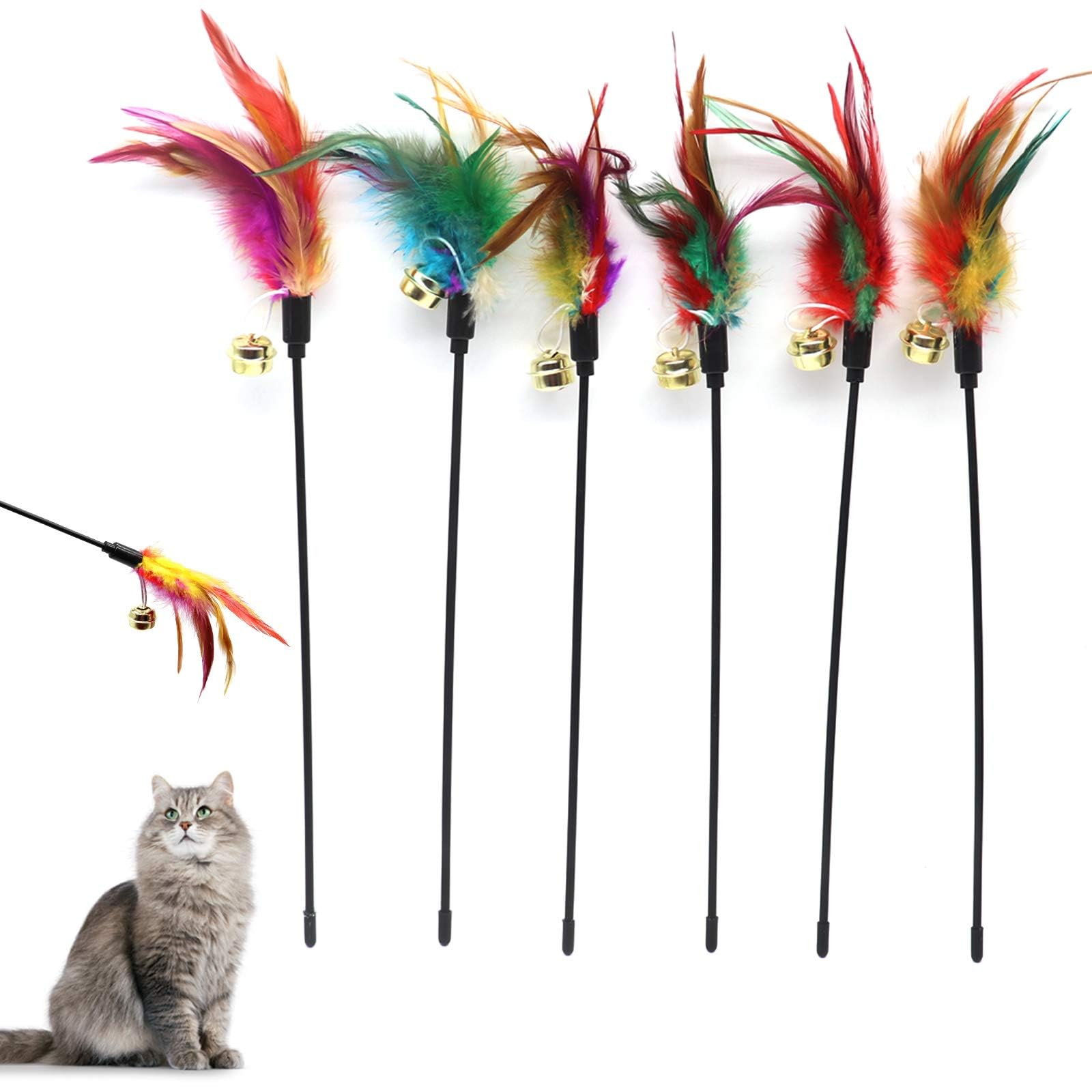 Set of 6 Feather Wands for Cats - Variable Colour - Coloured Feathers - for Cats and Kittens