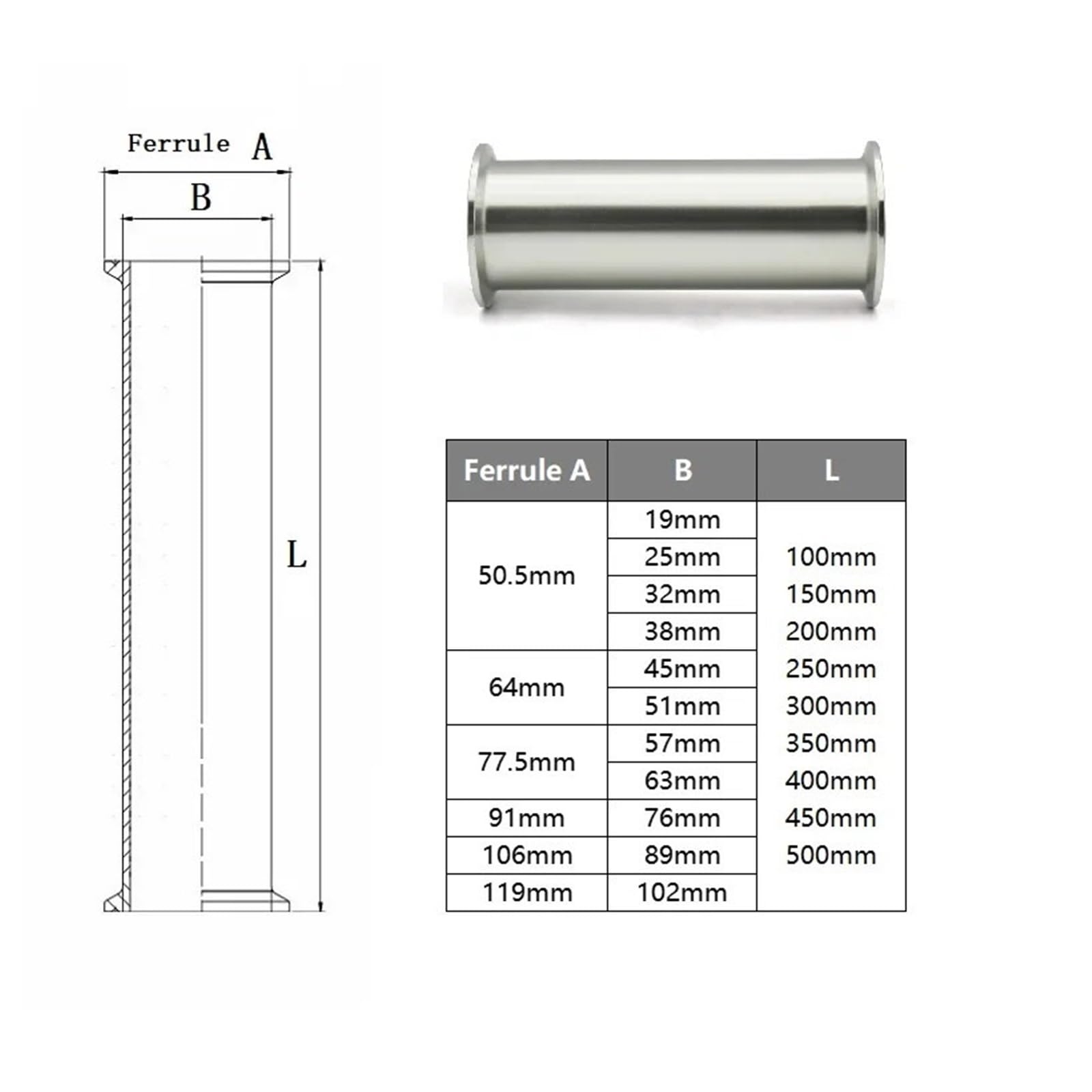 1,5 "2"-4 "304 tubo de bobina de triple abrazadera de acero inoxidable conector de tubería de acero inoxidable 100mm 150mm 200mm 250mm de longitud(Length 150mm OD51 X Ferrule64)
