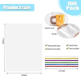 SOMIOCO 100 pcs Clear 5 x 7 Flat Cello Cellophane Bags Poly Treat Bags 1.4 mils for Gift Wrapping, Bakery, Cookie, Candies, Toast, Dessert, Party Favors Packaging